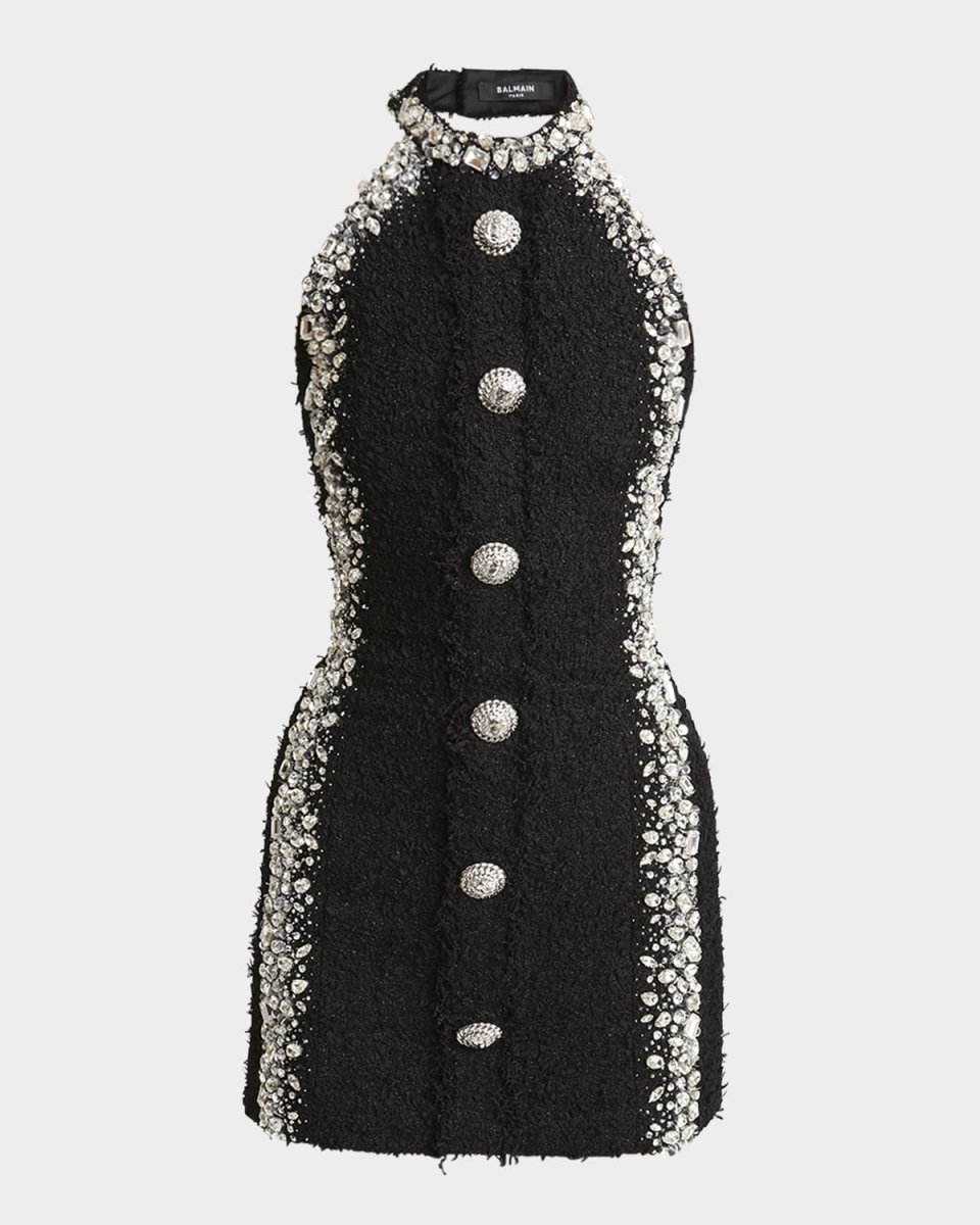 Button-Front Crystal Boucle Halter Mini Dress